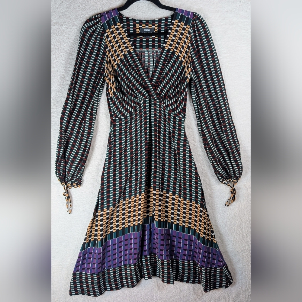 118-Anthropologie Black and Purple‎ Long Sleeve Dress - Picture 2 of 8